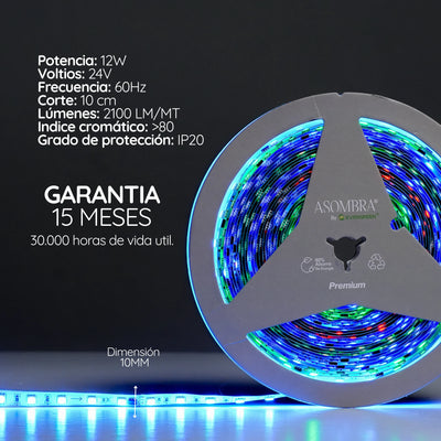 Cinta LED RGB multicolor para bares, vitrinas y color dinámico Serie pixel X10M (24V, 12W) PREMIUM ASOMBRA